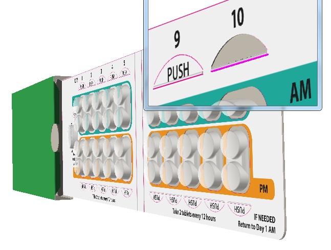 A 3D illustration of a medicine cabinet with a green and white color scheme. The cabinet has a control panel on the left side with multiple rows of white pills arranged in a grid-like pattern. On the right side there is a label with the number 9 and the word "PUSH" written in bold letters. Below the label there are two buttons - "PM" and "IF NEEDED". The label also has a pink arrow pointing to the top right corner of the cabinet indicating that the pills are ready to be inserted into the cabinet. The background of the image is white.