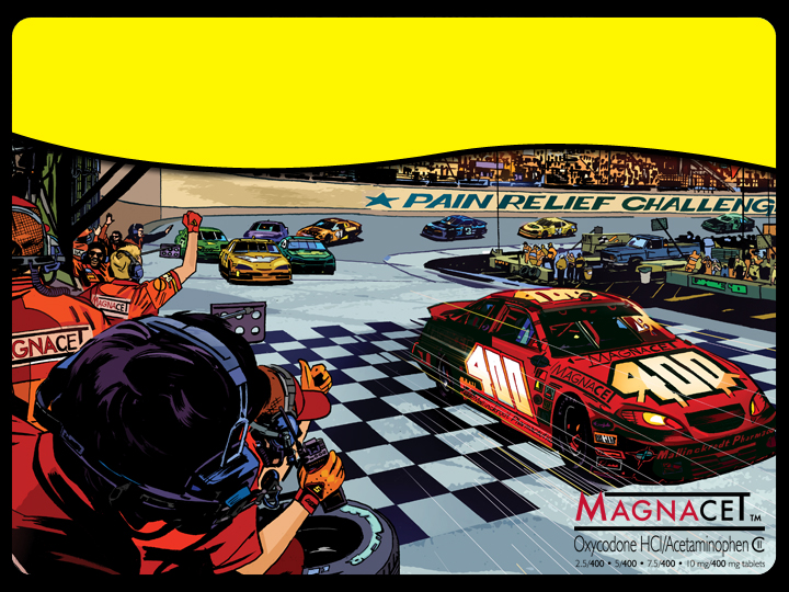 An illustration of a race track with a red car in the center. The car is a NASCAR car with the number 400 on it and the words "Pain Relief Challenge" written on the side. The track is surrounded by a crowd of spectators and there are several other cars on the track. On the left side of the image there is a person wearing a red racing suit and a helmet holding a camera and taking a photo of the car. The background shows a large crowd of people cheering and waving flags. The image is in a cartoon-like style with bright colors and exaggerated features. The word "Magnacet" is written in bold letters at the bottom right corner.