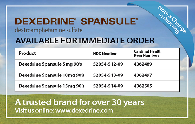 An advertisement for a product called Dexedrine Spansule. The background of the image is a blue sky with white clouds and a green field. The product name is written in white text at the top of the advertisement. Below the product name there is a table that lists the available for immediate order for the product. The table has three columns - Product NDC Number and Cardinal Health Item Numbers. <br /><br />The first column lists the product's name dosage and other information. The second column lists its product name and dosage. The third column lists that the product is Dexedrine spansule 5mg 90's the fourth column lists 5204-512-09 and the fifth column lists 4362489.<br /><br />At the bottom of the ad there are two buttons - "A trusted brand for over 30 years" and "Visit us online: www.dexedrine.com". The ad also has a note that reads "Note a change in ordering".