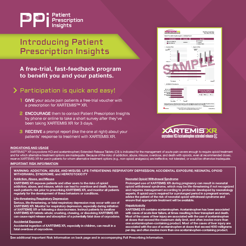 An advertisement for Patient Prescription Insights a free-trial fast-feedback program to benefit patients. The advertisement is divided into two sections. The top section is titled "Introducing Patient Prescriptions Insights" and has a pink background with white text. Below the title there is a yellow banner with the company's logo and contact information.<br /><br />The bottom section of the advertisement has a white background with black text. On the right side of the image there are two bullet points that explain the program's benefits. The first bullet point reads "Participation is quick and easy! Give your patient a free prescription with XARTEMIS XR." The second bullet point explains that the program can be used to provide a comprehensive overview of the patient's prescription history including the number of patients the type of prescription and the duration of the program. The third bullet point provides information about the program such as the patient name address and contact details.