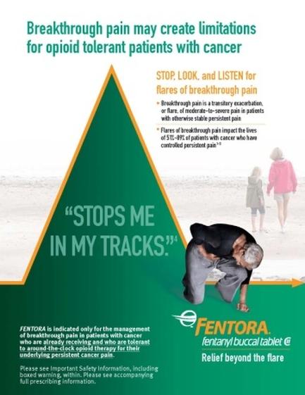 An advertisement for mentor a company that provides information about breakthrough pain for opioid tolerant patients with cancer. The background of the image is a beach scene with people walking on the sand. In the center there is a green triangle with the text "STOPS ME IN MY TRACKS" written on it. The triangle is divided into three sections. On the top left corner there are three bullet points that explain the benefits of breakthrough pain. The first bullet point reads "Breakthrough pain may create limitations for opioid-tolerant patients" and the second bullet point says "STOP LOOK and LISTEN for flares of breakout pain". The third bullet point states that the company is dedicated only for the management of breakthrough pain in patients with chronic pain. At the bottom right corner the company's logo and contact information are written in white text. The overall design of the advertisement is simple and modern with a focus on the importance of the message.