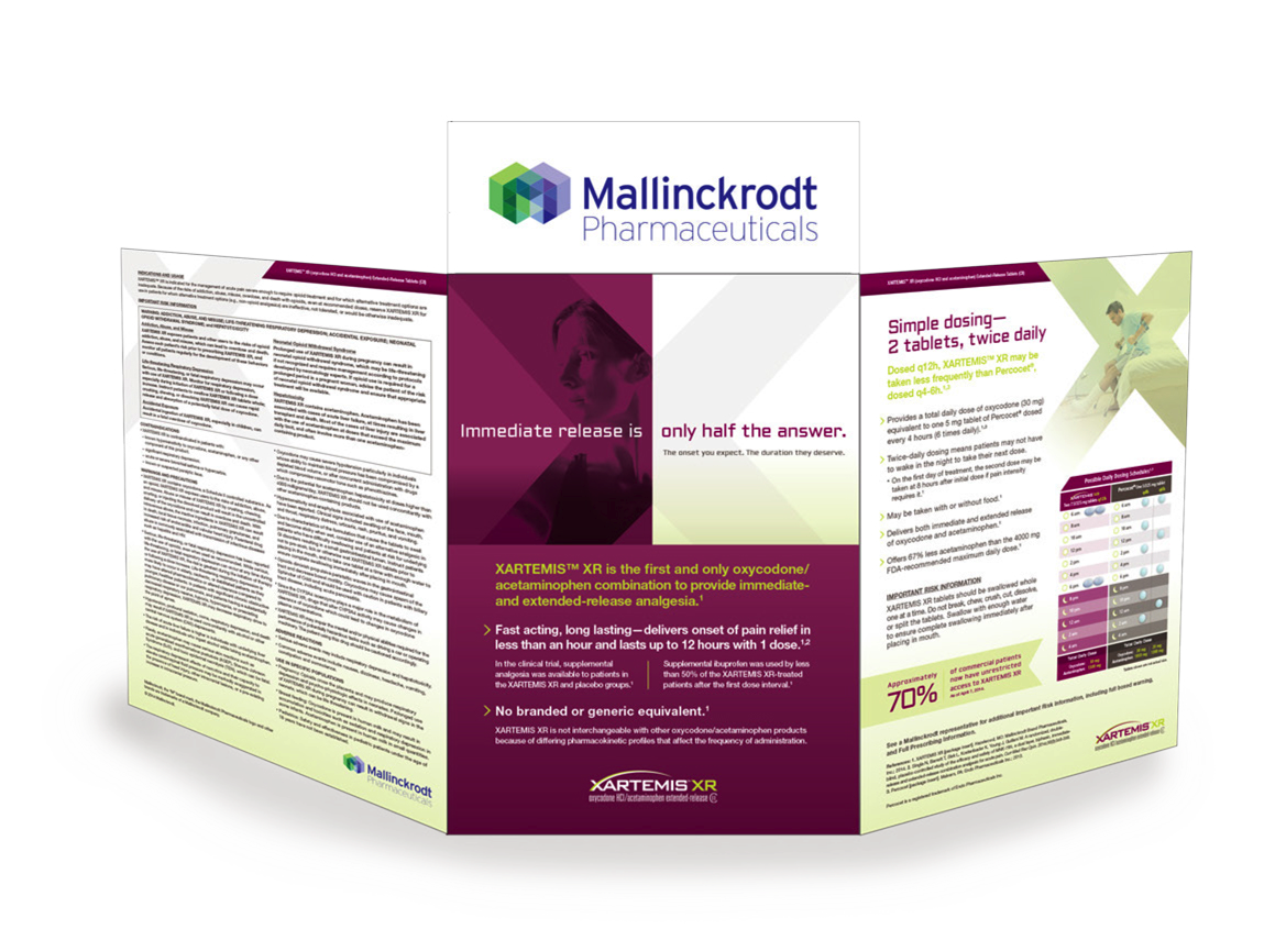 A tri-fold brochure design for Mallinckrodt Pharmaceuticals. The brochure is divided into two sections. The left side of the brochure has a purple background with white text that reads "Immediate release is only half the answer". The right side has a green and purple design with the company's logo at the top.<br /><br />The brochure also has a list of information about the product including the product name dosage and other details. There is also an image of a person's face in the center of the page. The text is written in a modern and professional font and is accompanied by a brief description of the product. The overall design is clean and minimalistic with a focus on the product and its benefits.