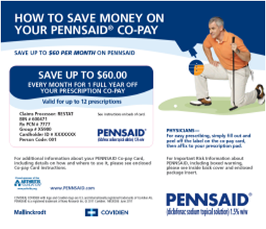 An advertisement for Pennsaid Co-Pay. It has a blue background with white text that reads "How to save money on your Pennsaid® co-pay". <br /><br />On the right side of the image there is an illustration of a man playing golf. He is wearing an orange shirt and white pants and is holding a golf club in his right hand. The man is in a crouched position with his left leg extended and his right leg bent at the knee.<br /><br />The text on the image reads "Save up to $60.00 every month for a full year off your prescription co-payment. Valid for up to 12 prescriptions." Below the text there are two logos - "Pennsaid" and "Covidien".<br /><br />At the bottom of the advertisement there has a link to the Pennsaid website and contact information.