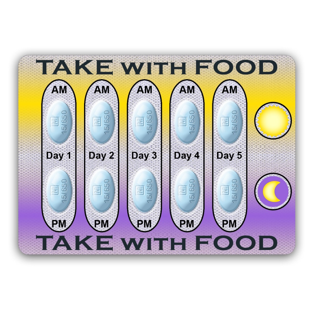 A rectangular card with a purple and yellow gradient background. On the top and bottom of the card there is text that reads "TAKE WITH FOOD" in bold black letters. Below the text there are six blue pills arranged in a row each with a different day of the week written on them. The pills are labeled "AM" "AM" and "PM". On the right side of the image there appears to be a yellow sun with a crescent moon on the top right corner. The overall design is simple and cartoon-like.