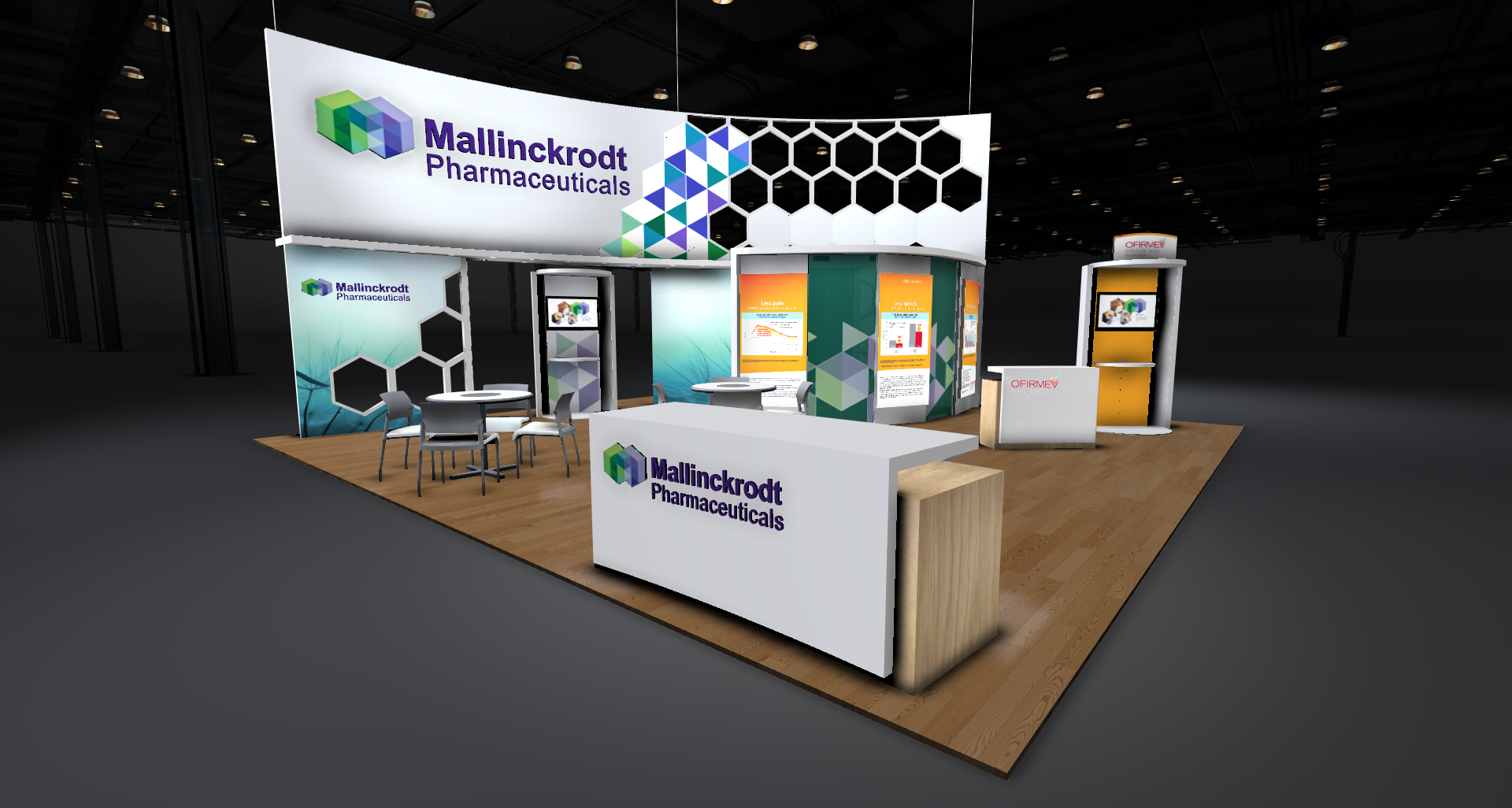 A trade show booth with a modern design. The booth is located in a large hall with a high ceiling and black walls. The front of the booth has a large banner that reads "Mallinckrodt Pharmaceuticals" in bold white letters. The banner also has a colorful geometric pattern in shades of blue green and orange. <br /><br />Behind the banner there is a white counter with a desk and a chair in front of it. On the right side of the counter there are two shelves with various products displayed on them. The shelves are filled with different types of products including a laptop a phone and a tablet.<br /><br />The booth is set up with a wooden floor and a white wall in the background. There are also several chairs and tables scattered around the booth. The overall atmosphere of the image is professional and modern.