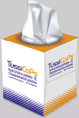 Of a tissue box with a white tissue on top. The box is rectangular in shape and has an orange and white color scheme. The front of the box has the brand name "TussiCaps" written in bold black letters along with the product name "Hydrocodone polistirex" in smaller black letters. The back of the tissue box has a blue and white polka dot pattern. The tissue box appears to be new and unused with no visible damage or wear.