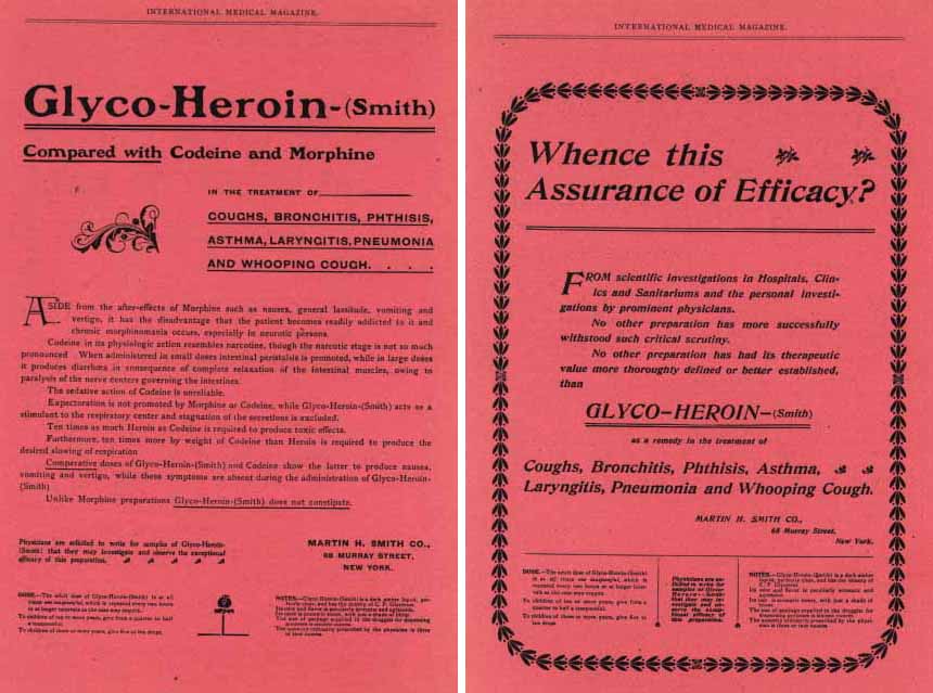 A two-page document titled "Glyco-Heroin-Smith: Compared with Codeine and Morphine". The document is divided into two sections. <br /><br />The left section of the document has a red background with black text. The title is written in a fancy font and is centered on the page. Below the title there is a subtitle that reads "Coughs Bronchitis Pneumonia and Whooping Cough". The subtitle reads "When this Assurance of Efficiency?" and below the subtitle there are two bullet points that explain the difference between the two types of coughs.<br /><br />On the right side of the page there has a black border with a decorative design. The text is in a larger font size and is in black color. There is also a small illustration of a person's face in the bottom right corner.