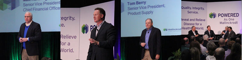 A collage of three photographs of three men on a stage. The first photograph on the left shows a man standing on a dais with a microphone in front of him. He is wearing a suit and tie and appears to be giving a presentation. The second photograph in the middle shows Tom Berry Senior Vice President of Product Supply and the third photograph is of a group of people sitting on a bench. The background of the stage has a banner that reads "Powered as One" and there is a logo of a company on the right side of the image. The people on the stage appear to be engaged in a discussion or presentation.