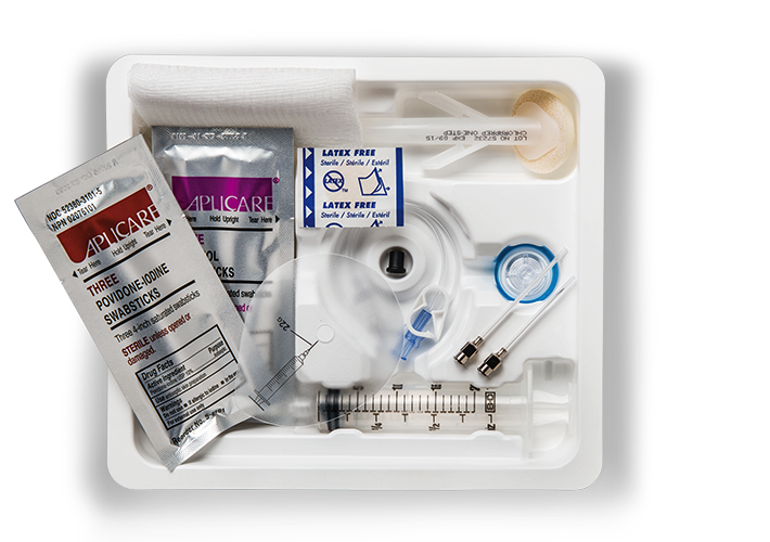 A medical kit in a white plastic container. The container is rectangular in shape and has a handle on the top for easy carrying. Inside the container there are various medical supplies such as a syringe a needle a bandage and a packet of Aplicare. The syringe is white with a blue handle and a needle holder. The bandage is white and appears to be made of a soft absorbent material. There is also a small packet of the same medical supplies on the left side of the container. On the right side there is a blue and white label with the brand name "APPLICARE" written on it. The items are arranged neatly in the container and appear to be new and unused.