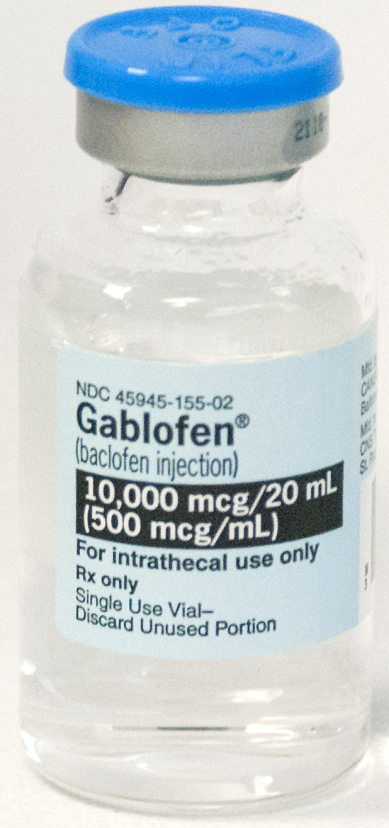 Of a small vial with a blue lid. The vial is made of clear glass and has a label on it. The label reads "NDC 45945-155-02 Gablofen (baclofen injection) 10000 mcg/20 ml (1500 mcg)/ml) For intraceutical use only. Rx only. Single Use Via-Discard Unused Portion." The label also mentions that the vial contains a single use via-discard unused portion.