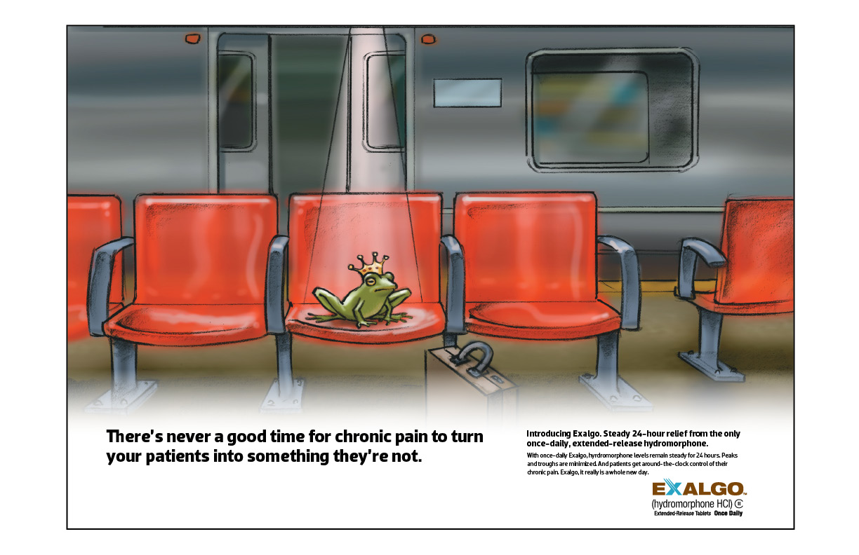 A cartoon illustration of a train station with red seats. In the center of the image there is a green frog sitting on a red seat with a crown on its head. The frog appears to be in distress with its eyes wide open and its mouth slightly open. The text above the frog reads "There's never a good time for chronic pain to turn your patients into something they're not." The text below the frog is in black and white and reads "Introducing Exalgo a company that helps people with chronic pain. The company's logo is also visible in the bottom right corner.