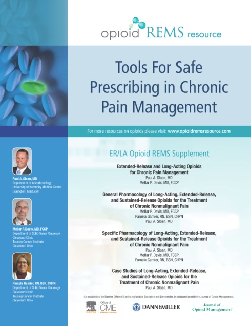 A cover page of a book titled "Tools For Safe Prescribing in Chronic Pain Management". The title is written in bold black font at the top of the page. Below the title there is a subtitle in smaller black font that reads "ER/LA Opioid REMS Supplement". <br /><br />The cover page has a blue background with a white border. On the left side of the cover page there are three images of pills in different colors - blue green and white. The pills are arranged in a circular pattern with the blue pills on the top left corner and the green pills in the center. The images are of different people including a doctor a nurse and a patient.<br /><br />On the right side the title of the book is in white text. Below that the author's name "Dannemiller" is in black text. At the bottom right corner the publisher's logo "CME" is also visible.