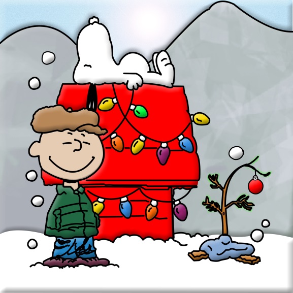 A cartoon illustration of Charlie Brown and Snoopy standing in front of a red house covered in Christmas lights. Charlie Brown is wearing a green jacket and a brown hat and is smiling. Snoopy is standing on top of the house with his arms stretched out to the sides. The house is covered in snow and there is a small tree with red ornaments on the right side of the image. The background is a snowy landscape with mountains in the distance. The overall mood of the illustration is cheerful and festive.