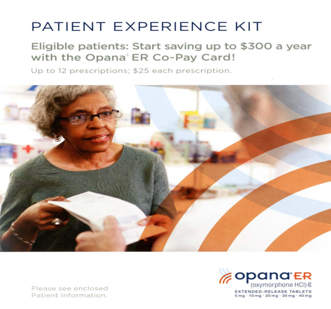 An advertisement for an Opana ER Co-Pay Card. It features an elderly woman with white hair and glasses wearing a green sweater standing in a pharmacy aisle. She is holding a prescription card in her hands and appears to be looking at it intently. The background is blurred but it seems like she is in a store or a pharmacy. The text on the image reads "Patient Experience Kit" and "Eligible patients: Start saving up to $300 a year with the  Copay card! Up to 12 prescriptions: $25 each prescription. Please see enclosed patient information." There is also an orange and white wave-like design on the right side of the image.