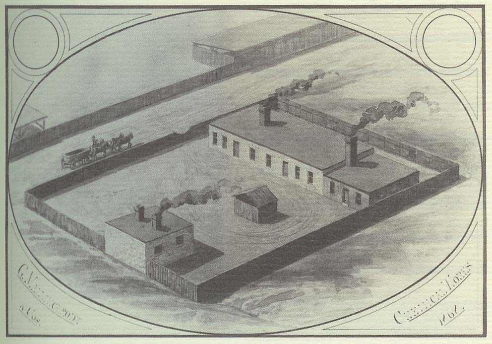 A black and white illustration of an industrial area. It appears to be an aerial view of a large building with multiple levels and chimneys. The building is surrounded by a concrete wall and there are several smaller buildings scattered around the area. On the left side of the image there is a horse-drawn carriage with several people on it. The carriage is moving along the road and there is smoke coming out of the chimneys indicating that the building is in the process of being built. The image is framed by a circular border with a decorative design.