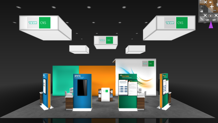 A 3D rendering of a trade show booth with a black background. The booth is divided into three sections each with a different color scheme - blue green and orange. The blue section has a large screen on the left side while the green section has two smaller screens on the right side. There are also several white boxes hanging from the ceiling which appear to be part of the booth's display. The boxes have the logo of a company called "tea CNS" on them. The background is black and there is a purple triangle on the top right corner of the image. The overall design of the booths is modern and minimalist with a focus on the company's logo and branding.