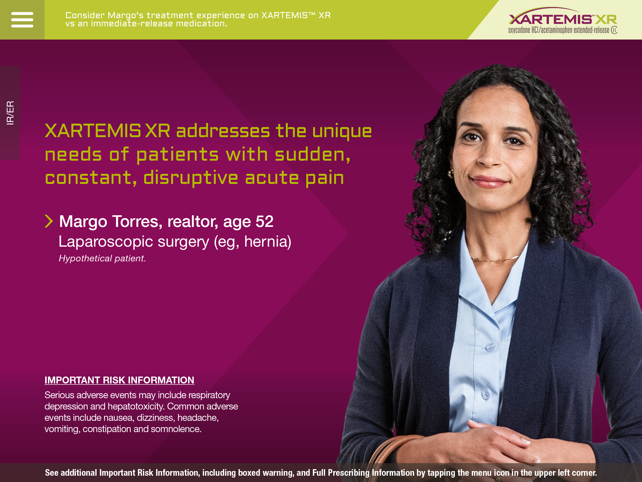 An advertisement for XARTEMIS XR a medical treatment company. The advertisement features a photo of a woman with curly hair wearing a blue blazer and a white shirt. She is smiling and looking directly at the camera. The background is a gradient of pink and purple. On the left side of the image there is text that reads "XARTEMIS XR addresses the unique needs of patients with sudden constant disruptive acute pain" and on the right side it reads "Margo Torres realtor age 52 Laparoscopic surgery (eg hernia) Hypothetical patient." Below the photo there are additional information about the company's services.