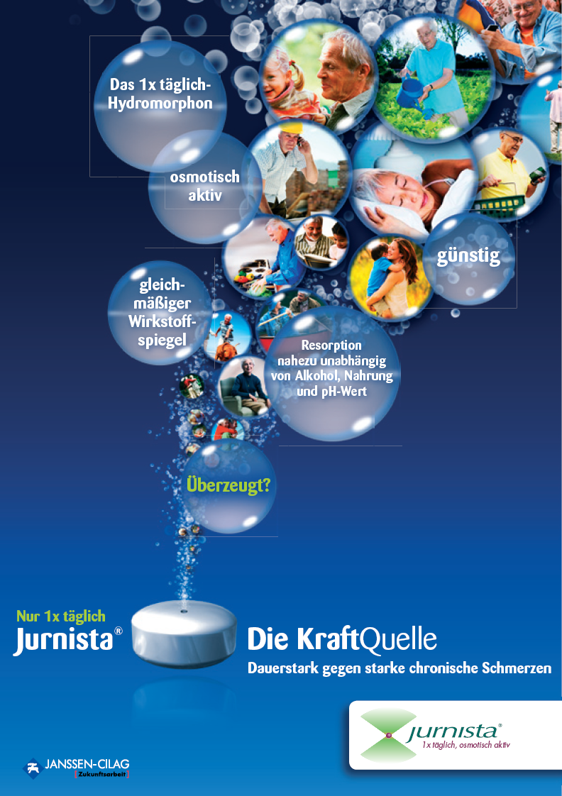 An advertisement for Jurnista a German pharmaceutical company. The background is blue and the text is in white. The text reads "Die KraftQuelle" which translates to "The Kraft Quelle" in English. <br /><br />There are several circular images scattered throughout the image each representing a different aspect of the company's products. The images include people of different ages genders and ethnicities. Some of the images are smiling while others are looking at the camera.<br /><br />The image also includes text that reads "Das 1x täglich-Hydromorphon" which is German for "hydromorphone" and "Osmotisch aktiv". There is also a small illustration of a water droplet falling from the top left corner of the image. The overall design of the advertisement is modern and eye-catching with a focus on the products and their benefits.