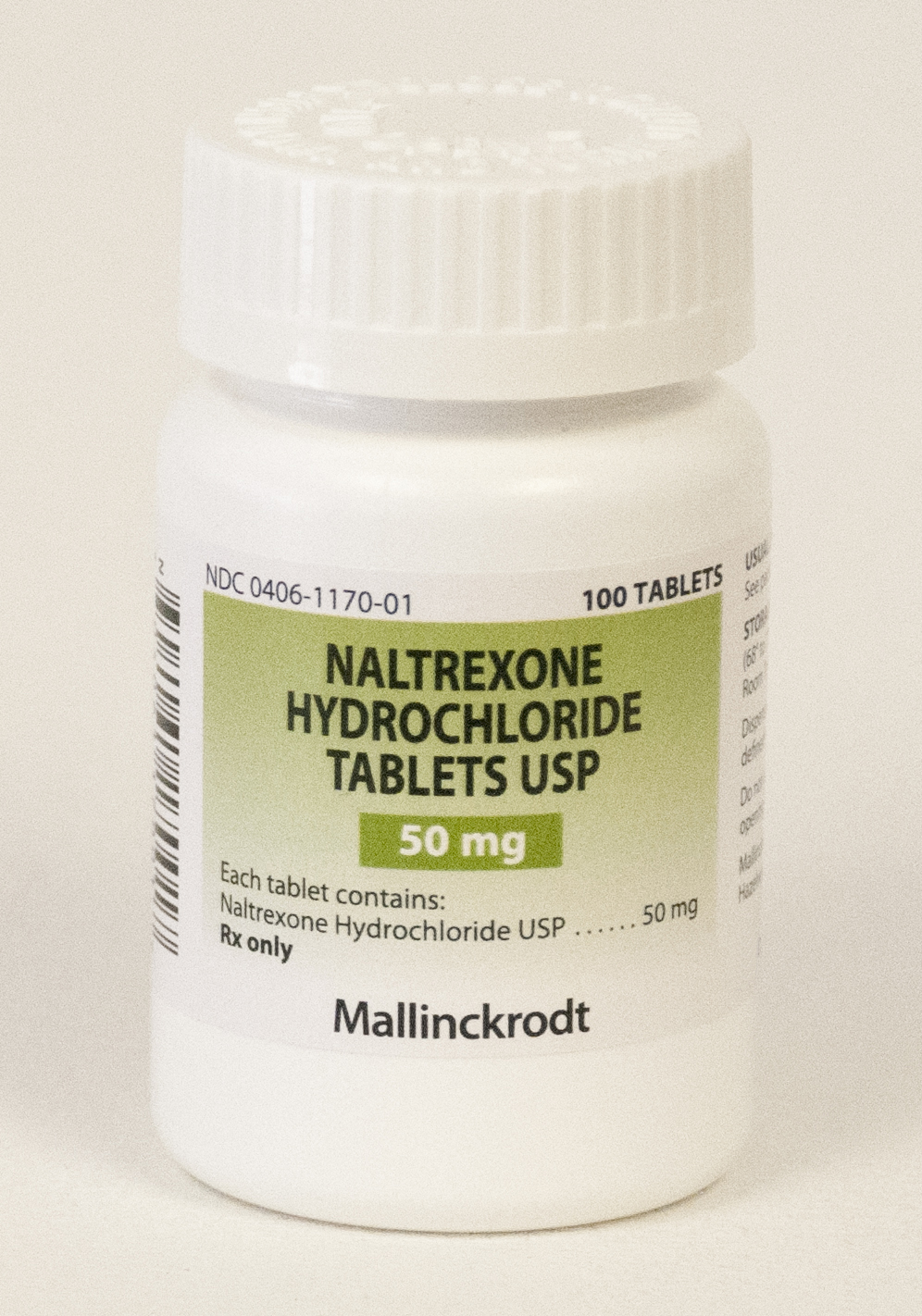 A photograph of a white medicine bottle with a green label. The label reads "Naltrexone Hydrochloride Tablets USP 50 mg". The bottle has a white cap and is placed on a plain white background. The bottle contains 100 tablets. The text on the label is in black and green with the brand name "Mallinckrodt" in smaller font at the bottom. There is also a barcode on the left side of the label.