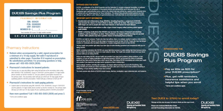 A brochure or flyer for a DUEXIS Savings Plus Program. The background of the brochure is a dark blue color with a diamond plate pattern. On the left side of the page there is an orange banner with white text that reads "Pharmacy Information" and "CO-PAY DISCOUNT CARD". On the right side there are three bullet points that explain the program's features. <br /><br />The first bullet point explains that the program is a pharmacy discount card which is a type of card that allows customers to purchase prescription drugs. The second bullet point provides information about the program such as the date time and location. The third bullet point mentions that the card is available for purchase at a discounted price of $20.<br /><br />At the bottom right corner of the image there has a QR code that says "Text Duelist to enroll today!" and a logo for the company.