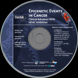 A CD cover for a CD titled "Epigenetic Events in Cancer: Clinical Advances With HDAC Inhibition". The CD is circular in shape and has a blue background with white text. The title of the CD is written in bold letters at the top followed by the subtitle "CrossTalk" in smaller font. Below the title there is a brief description of the event which states that the event is a clinical advance with HDAC inhibition. <br /><br />On the right side of the cover there are several bullet points that provide information about the event such as the date time and location as well as the minimum system requirements for the event. The bullet points are written in white text and are arranged in a grid-like pattern.<br /><br />At the bottom of the disc there has a logo for the CrossTalk website which is a blue circle with a white "C" in the center. The CD also has a small image of a red cross on the top right corner.