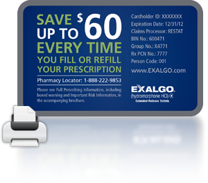 An advertisement for a prescription card from Exalgo. The card is blue in color and has a white background. The text on the card reads "SAVE $60 UP TO 60 EVERY TIME YOU FILL OR REFILL YOUR PRESCRIPTION" in bold black font. Below the text there is a description of the prescription including the pharmacy locator 1-888-222-9853 and the company's contact information. <br /><br />On the right side of the card there are details about the card such as the cardholder ID expiration date and claim processor. The company's website www.exalgo is also visible in the bottom right corner. On the bottom left corner there has a small icon of a clipboard with the text "OM EALGO" on it.