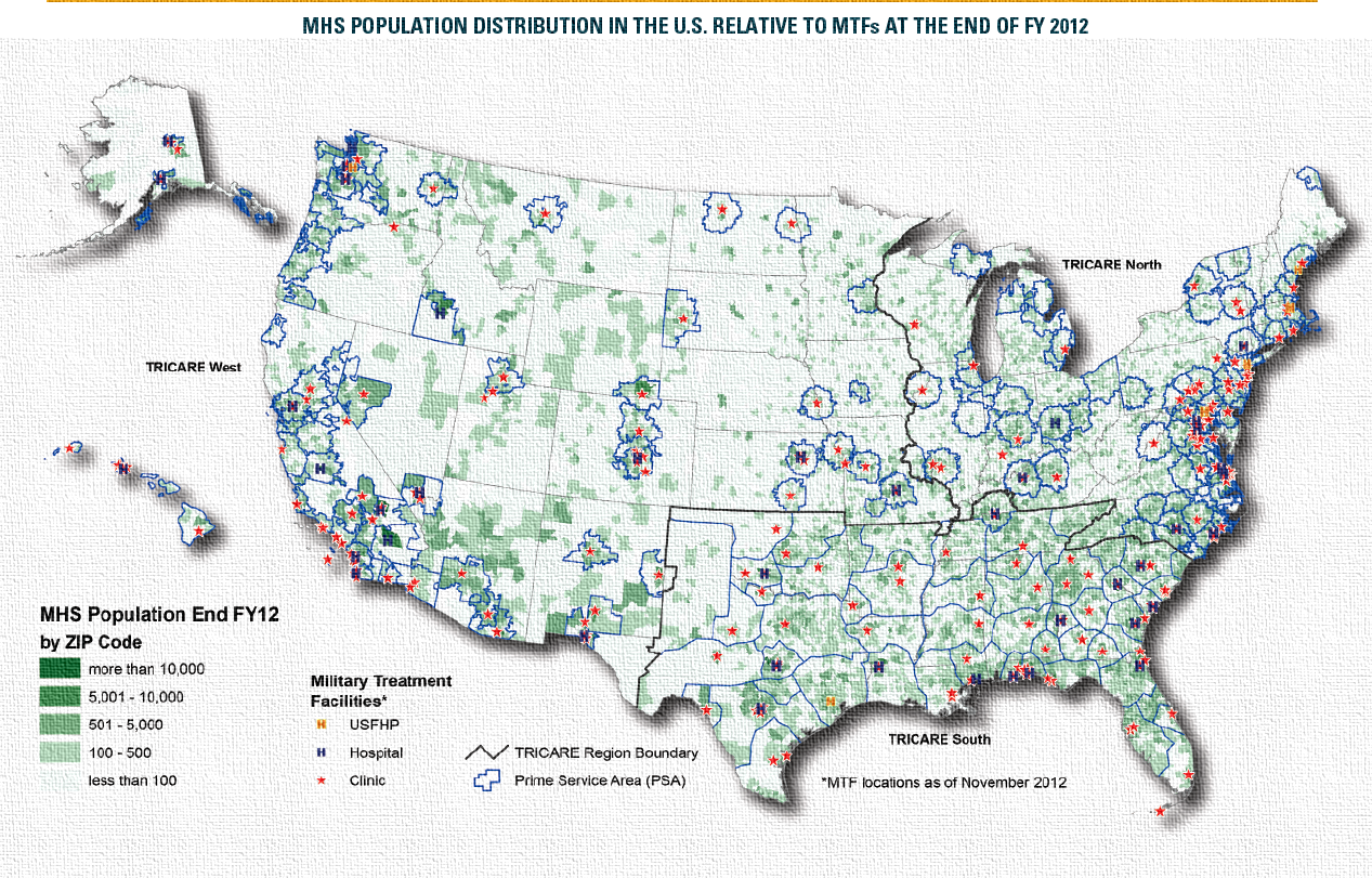 A map of the United States showing the population distribution in the U.S. relative to the end of FY 2012. The map is color-coded with different shades of green representing different areas of the country. The green areas represent military treatment facilities while the blue areas represent civilian treatment facilities.<br /><br />The map also includes a legend that explains the different colors used in the map. The colors range from light blue to dark blue with some areas being darker blue and others being lighter blue. The text on the map provides further information about the population such as the number of people living in each area and the percentage of people who have been diagnosed with cancer.