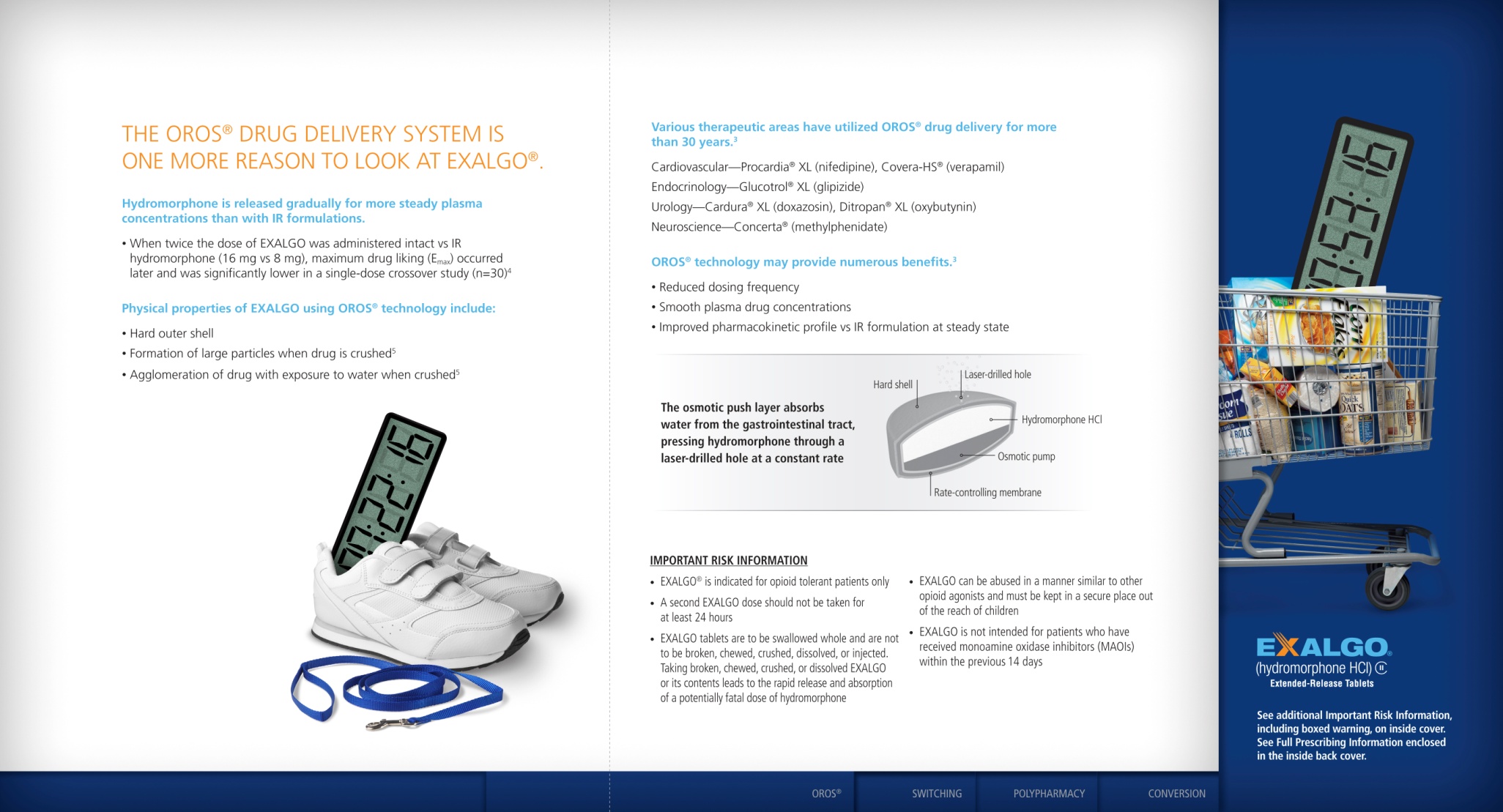 An advertisement for the Oros Drug Delivery System which is one more reason to look at EXALGO. The advertisement is divided into two sections. <br /><br />On the left side of the image there is an illustration of a pair of white sneakers with a blue lanyard attached to them. The sneakers are placed on a white background. On the right side there are illustrations of a shopping cart filled with various items such as snacks drinks and other medical supplies.<br /><br />In the center of the advertisement there comes a text that explains the system's features and benefits. The text explains that the system is designed to provide a more convenient and convenient way to store and transport drugs. The image also mentions that it is a drug delivery system that can be used to deliver drugs quickly and easily.