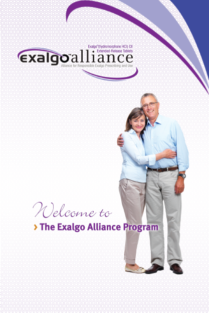 A cover page of a brochure or flyer for the Exalgo Alliance program. It features a man and a woman standing side by side with their arms around each other smiling at the camera. The man is wearing a blue shirt and khaki pants while the woman has her arms around his waist. They are both wearing casual clothes and appear to be happy and relaxed. The background is white with a purple wave-like design on the top left corner. Below the wave there is text that reads "Welcome to The Exalgo Alliance Program" in a bold sans-serif font. The overall design is simple and modern with a focus on the couple and the text.