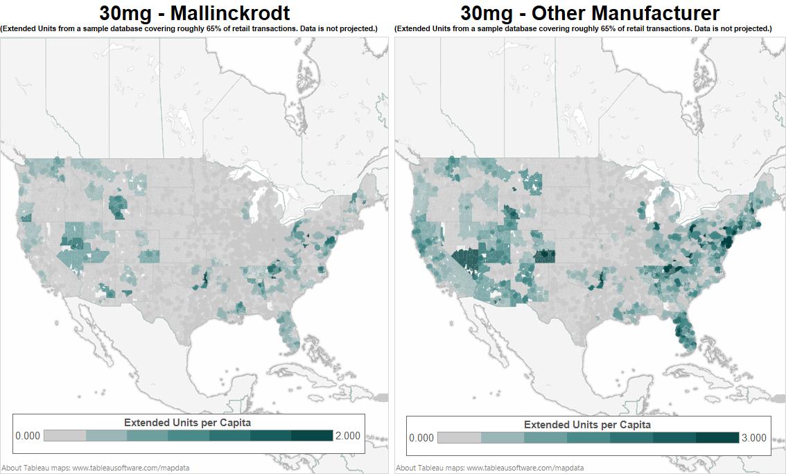 Two maps of North America with a focus on the United States of America. It shows the borders of each county. Each county is filled in with different shades on a gradient from grey to green. The map on the left is titled "30mg - Mallinckrodt" and the map on the right is titled "30mg - Other Manufacturers". Under each title there is a disclaimer that reads "(Extended Units from a sample database covering roughly 65% of retail transactions. Data is not projected.)" A key shows that the color represents extended units per capita with grey indicating 0 units and the darkest color green indicating up to 2000 units for the map on the left and 3000 units for the map on the right. A footer on the map indicates that the graphic was created in Tableau. 