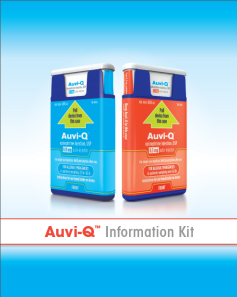 Two cans of Auvi-Q information kit. The cans are blue and orange in color and have a white label with the brand name and product name written in bold black letters. The label also has a yellow triangle with the word "AUVI-Q" written on it. The background of the image is a light blue color. Below the cans there is a red banner with the words "Information Kit" written in white letters.