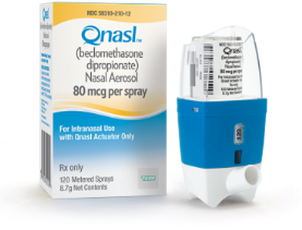A blue and white box of Onasl (beclomethasonone diopropionate) nasal aerosol spray. The box is rectangular in shape and has the brand name "Onasl" written in bold white letters on the top left corner. On the right side of the box there is a small blue dispenser with a white cap. The dispenser has a label that reads "For Intranasol Use with oast Activator Only" and "Fix only 120 Metered Sprays 8.7g Net Contents". The box also has a arcade on the front. The background is white.