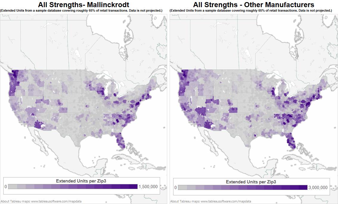 Two maps of North America with a focus on the United States of America. It shows the borders of each county. Each county is filled in with different shades on a gradient from grey to purple. The map on the left is titled "All Strengths - Mallinckrodt" and the map on the right is titled "All Strengths - Other Manufacturers". Under each title there is a disclaimer that reads "(Extended Units from a sample database covering roughly 65% of retail transactions. Data is not projected.)" A key shows that the color represents extended units per Zip3 with grey indicating 0 units and the darkest color purple indicating up to 1500000 units for the map on the left and 3000000 units for the map on the right. A footer on the map indicates that the graphic was created in Tableau. 