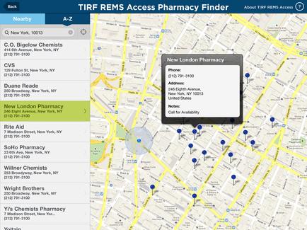 A screenshot of the tire REMS Access Pharmacy Finder app on an iPhone. The app is displayed on a map of a city with various locations marked on it. On the left side of the image there is a list of nearby pharmacies in New York City including C.O. below Chemists CVS Duane Reade Rite Aid SoHo Pharmacy killer Chemists and Wright Brothers. On the right side there are several blue pins scattered across the map indicating the locations of the pharmacies. In the center of the map is a pop-up window with a message that reads "New London Pharmacy" and a phone number. The background of the app is white.