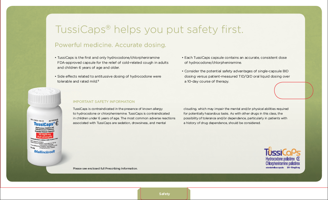 An advertisement for TussiCaps a company that helps you put safety first. The advertisement features a white bottle of the product on the left side of the image. The bottle is labeled with the company's logo and the product name. On the right side there is a text that explains the benefits of using the product. The text explains that the product is a powerful medicine that helps to reduce the risk of dosing.<br /><br />The background of the advertisement is a light green color and the text is in black font. The product name is written in a larger font size than the rest of the text. There is also a red circle on the bottom right corner that says "Safety". The overall design is simple and modern with a clean and professional look.