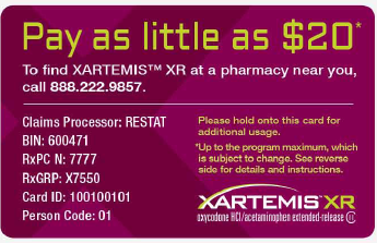 A credit card for XARTEMIS® XR at a pharmacy near you. The card has a purple background with white text that reads "Pay as little as $20". Below the text there is a description of the card that says "Claims Processor: RESTAT" and "Please hold onto this card for additional usage. Up to the program maximum which is subject to change. See reverse side for details and instructions." <br /><br />The card also has a card ID: 1001000101 and a person code: 01. The text is in a bold font and is centered on the card.