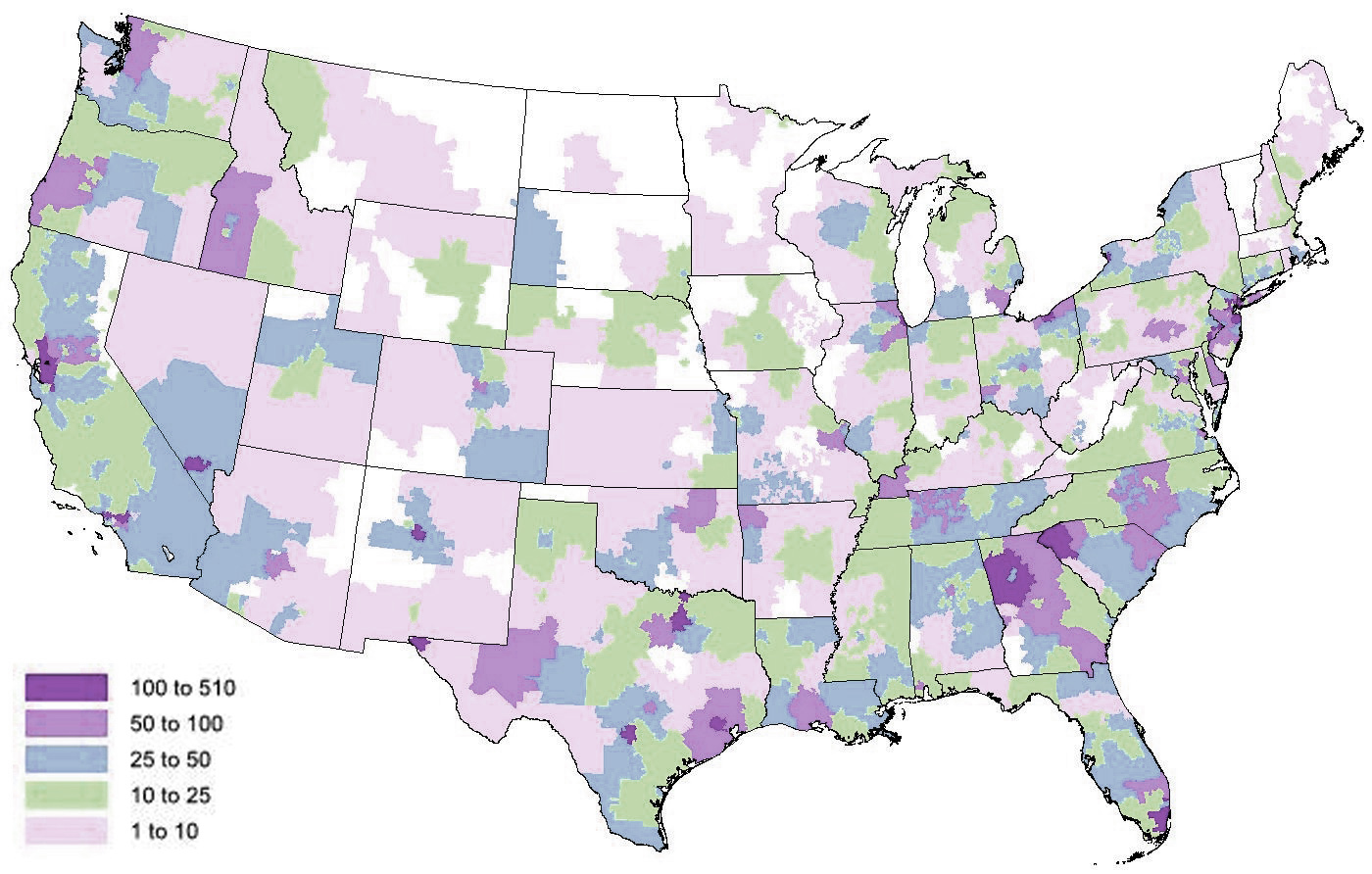 A map of the United States with different areas of the country possibly counties filled in with different shades of purple blue and green. A key indicates that the different shades indicate a range of values between 1 and 510. The key does not indicate what the unit is.