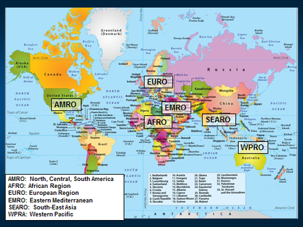 A map of the world showing the countries and their capitals. The map is color-coded with different shades of blue representing different regions and countries. The countries are labeled with their names such as ammo North Central South America Africa European Region Eastern Mediterranean and Western Pacific. The map also shows the major cities and towns within each region as well as major geographical features such as rivers mountains and oceans. The colors used in the map are mostly shades of pink blue and green with some yellow and orange accents. The text on the map is black and it appears to be a title or description of the map.