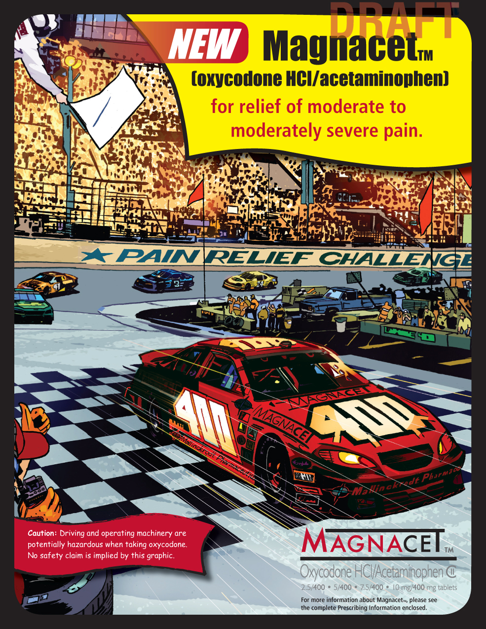 An illustration of a race track with a red car in the center. The car has the number 400 on it and the word "Magnacet" written on the side. The background shows a large crowd of spectators in the stands and other cars on the track. The text on the image reads "Magnacet Oxycodone HCI/Acetaminophen for relief of moderate to moderately severe pain." The image also includes a warning label that reads "Caution: Driving and operating machinery are potentially hazardous when taking oxycodone. No safety claim is implied by this graphic." The Magnacet logo is in the bottom right corner of the page. A watermark indicates that the advertisement is a draft.