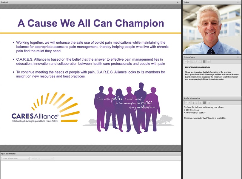 A screenshot of a webpage from the Care Alliance website. The webpage is titled "A Cause We All Can Champion" and has a title at the top that reads "Working together we will enhance the safe use of opioid pain medications while maintaining the balance for appropriate access to pain management thereby helping people with chronic pain. CARE Alliance is based on the belief that the answer to effective pain management lies in education innovation and collaboration between health professionals and people with pain." Below the title there is an image of a group of people in purple silhouettes representing the care alliance. On the right side of the page there are two tabs - "Home" and "About" - with a photo of a man in a blue shirt and tie on the top right corner.