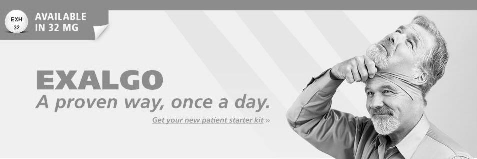 A black and white advertisement for Exalgo a new patient starter kit. The background is white and the text is in black. On the right side of the image there is a photo of a man with a beard and mustache wearing a shirt and tie. He is holding his head with his right hand and appears to be deep in thought. The text on the image reads "Available in 32 mg" and "Exalgo - A proven way once a day. Get your new patients starter kit."