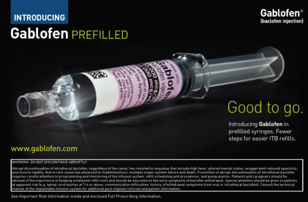 An advertisement for Gablofen Prefilled a type of injection. The advertisement features a syringe with a pink label that reads "Good to go." The syringe is filled with a clear liquid and has a needle at the end. The label also has a barcode and the website "www.gablofen.com" at the bottom. The background of the advertisement is black.