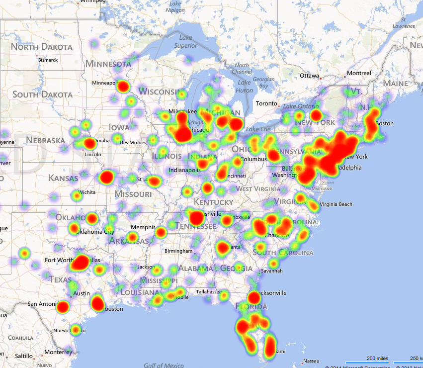 A map of the east half of North America focusing on the United States of America. It is overlaid with a heat map where major cities and metro areas are marked with red particularly the region between Boston and Washington DC and fade out to blue and green with further distance from the cities. There are also a number of green and bluish purple spots across the map. There is no key indicating what the shades mean.