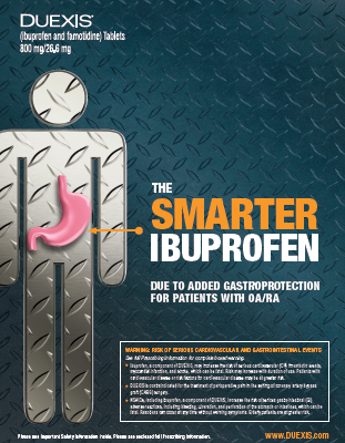 An advertisement for Duexis Ibuprofen a medication used to add gastroprotection to patients with OA/RA. The background of the image is a dark blue diamond plate pattern and the text is in white and orange. On the left side of the text there is an illustration of a person's stomach which is pink in color. The text on the image reads "The Smarter Ibuprofen" and "Due to added Gastroprotection for Patients with OAA/RA". On the right side there are instructions on how to use the medication. The website "www.duexis.com" is also visible in the bottom right corner.