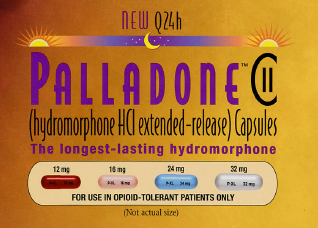 A label for Palladone (hydromorphone HCI extended-release) capsules. The label has a yellow background with the brand name "Palladone" written in bold black letters at the top. Below that there is a description of the capsules in smaller text that reads "New Q24h". <br /><br />At the bottom of the label there are two buttons - "12 mg" and "16 mg". The "For use in opioid-tolerant patients only" button is highlighted indicating that the capsules are not actual size.<br /><br />The label also has a small illustration of a sun and a crescent moon in the top right corner. The text below the label states that the product is the longest-lasting hydromorphone.