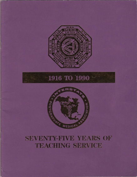 A photograph of a purple book cover with the title "Seventy-Five Years of Teaching Service 1916 to 1990". The cover has a black border and the title is written in white text. Below the title there is a circular emblem with a coat of arms in the center. The emblem is surrounded by a gold border. The background of the cover is a solid purple color. The book appears to be old and worn with some discoloration on the edges.