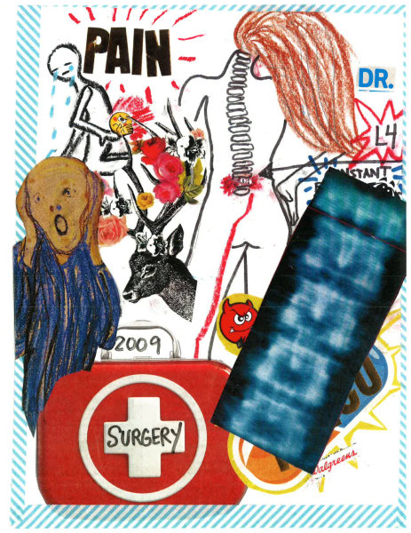 A collage of various elements related to surgery. The background is white with a blue and white striped border. In the center there is a red cross with the word "Surgery" written on it. On the left side of the cross there are two figures one of which is a woman with long blonde hair and the other is a man with a bald head. The woman is holding a bouquet of flowers and the man is standing next to her with his arms crossed.<br /><br />On the top left corner of the image the words "Pain" are written in black letters. Below that the word "#Pain" is written in red letters. On top of the woman's head it says "Dr. L4" and on the top right corner it reads "L4".<br /><br />In the center of the collage there appears to be a black and white illustration of a woman's torso with a red ribbon tied around her neck. The ribbon is blue and has a red and white checkered pattern on it and there are also several other illustrations scattered around the image. The overall style of the illustration is chaotic and chaotic with a mix of different elements and colors.