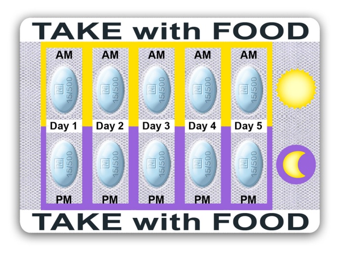 A rectangular sticker with the words "TAKE WITH FOOD" written in bold black letters at the top. Below the text there is a yellow sun and a purple crescent moon on the right side. On the left side of the sticker there are six blue pills arranged in a grid-like pattern. Each pill has a white label with the date "AM" written on it. The pills are arranged in two rows and three columns. The background is white. The sticker appears to be a reminder to take with food during the day.