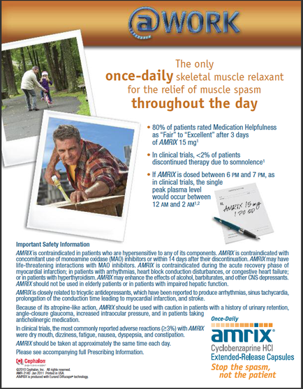 An advertisement for AMRIX a medical supplement company. The advertisement is titled "The only once-daily skeletal muscle relaxant for the relief of muscle spasm throughout the day". The background of the image is a photo of a man and a woman walking in a park. The man is wearing a plaid shirt and is holding a clipboard and appears to be working on a piece of paper. The woman is walking behind him with a smile on her face. The text on the advertisement explains that the supplement is 80% of patients rated Medication helplines and is available in the United States. It also mentions that it is available for medical treatment and that it can be used to treat muscle spasms. There is also a note on the right side of the advertisement that reads "Important Safety Information" and "Stop the spread not the patient". At the bottom of the ad there is a logo for AmRIX and the company's contact information.