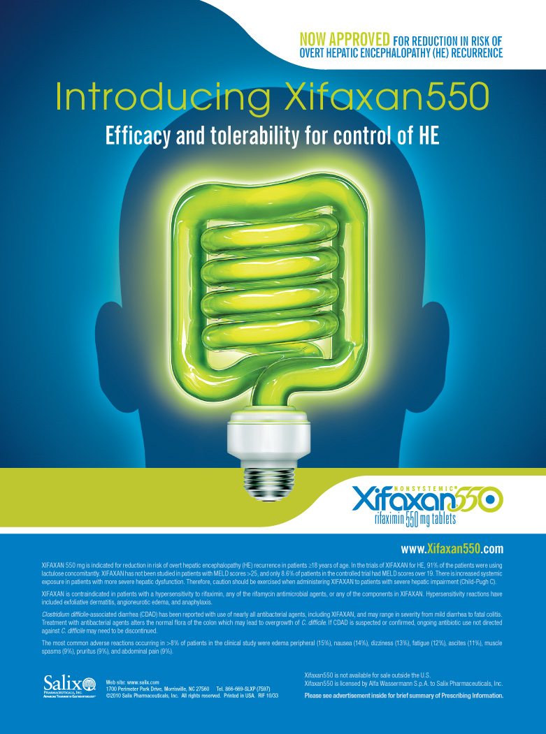 An advertisement for Xifaxan550 a company that provides efficiency and tolerability for control of HE. The background of the image is blue and the company's logo is in the top left corner. In the center there is an illustration of a lightbulb with a green spiral-like design inside it. The light bulb is placed in the shape of a human head. The text on the image reads "Introducing Xifaxan550: Efficiency and Tolerability for Control of HE". Below the light bulb there are two logos one for Salix and the other for the company. The company's website www.salix.com is also visible in the bottom right corner.